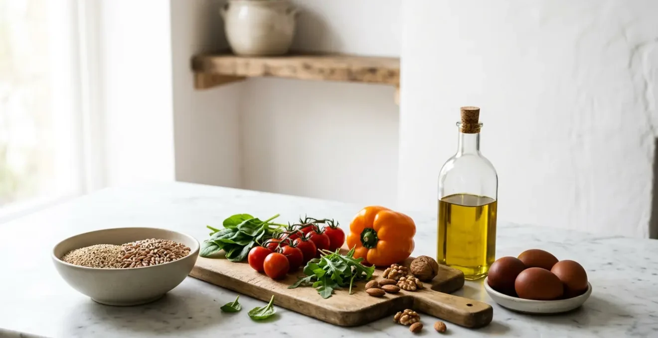 Composition culinaire représentant une alimentation saine et équilibrée au quotidien