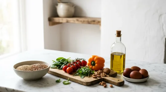 Composition culinaire représentant une alimentation saine et équilibrée au quotidien