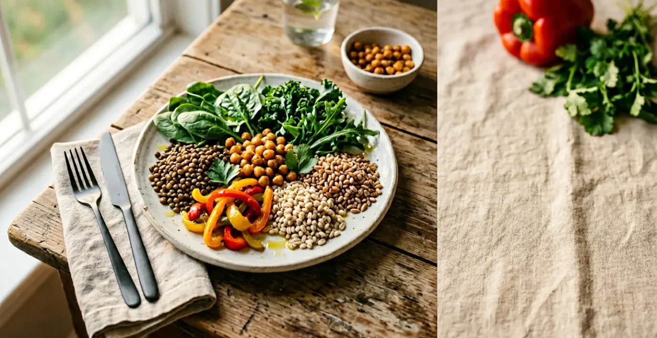 Assiette végétale colorée composée de légumes frais, légumineuses et céréales complètes dans une ambiance lumineuse naturelle