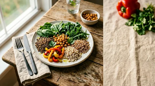 Assiette végétale colorée composée de légumes frais, légumineuses et céréales complètes dans une ambiance lumineuse naturelle
