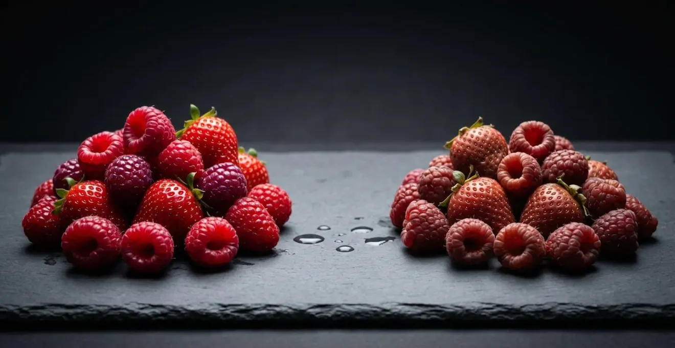 Framboises et fruits rouges éclatants illustrant la préservation naturelle de leurs pigments anthocyanes