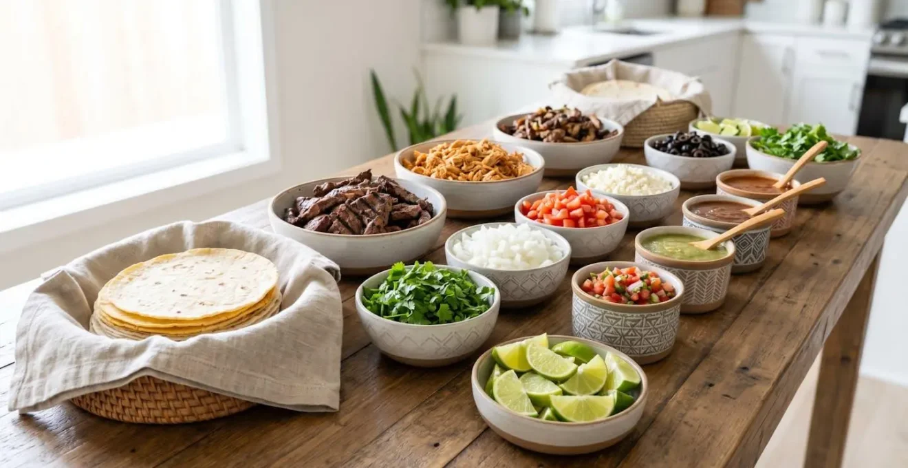 Vue large d'un buffet de tacos organisé avec bols de garnitures disposés stratégiquement