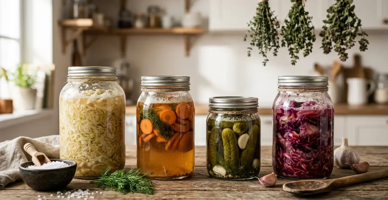Assortiment de bocaux en verre contenant des légumes conservés par fermentation traditionnelle