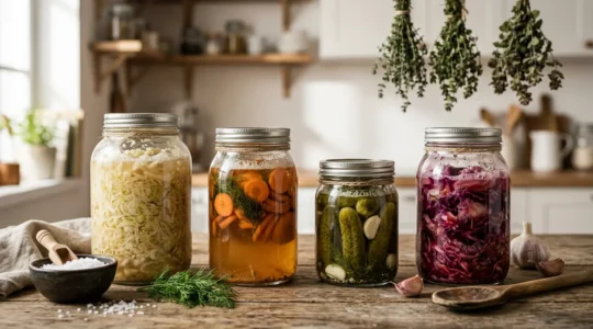 Assortiment de bocaux en verre contenant des légumes conservés par fermentation traditionnelle