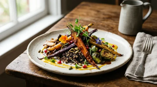 Plat végétal appétissant et coloré servi dans une assiette élégante avec garnitures variées