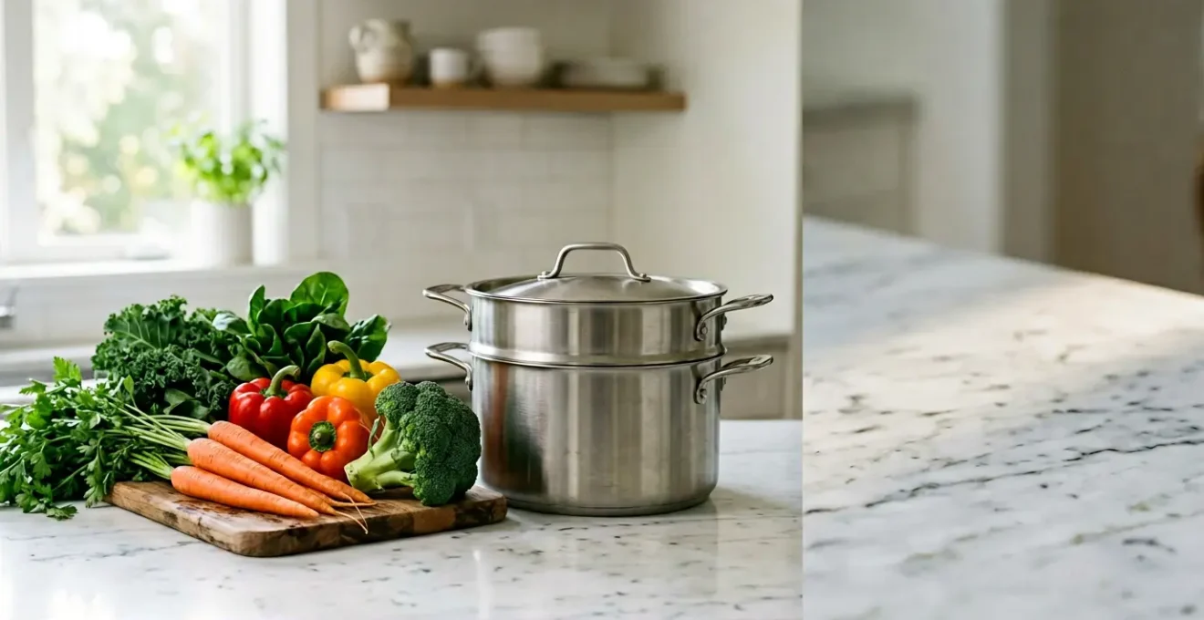 Légumes frais colorés disposés autour d'un panier vapeur, symbolisant les différents modes de cuisson préservant les nutriments