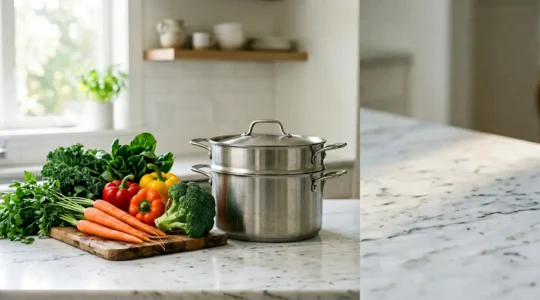 Légumes frais colorés disposés autour d'un panier vapeur, symbolisant les différents modes de cuisson préservant les nutriments