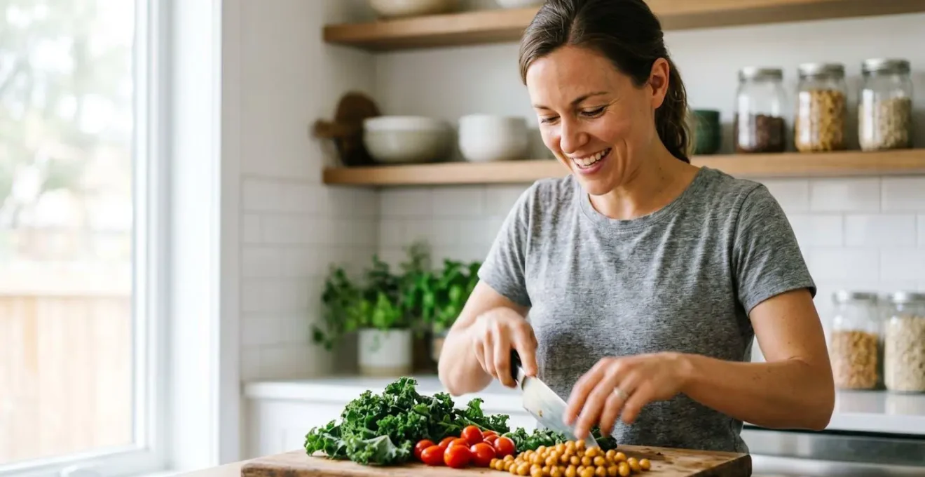 Portrait en plan moyen d'une personne énergique préparant une assiette végétale colorée avec expression de vitalité