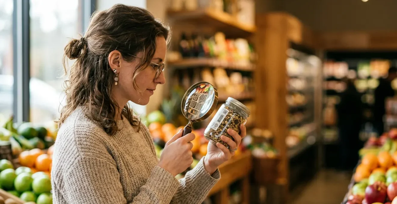 Un consommateur examine attentivement une étiquette de produit alimentaire avec une loupe, recherchant les labels de certification biologique authentiques