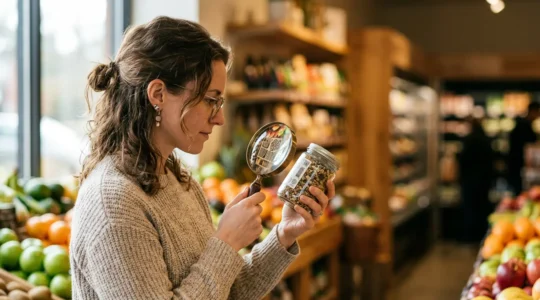 Un consommateur examine attentivement une étiquette de produit alimentaire avec une loupe, recherchant les labels de certification biologique authentiques