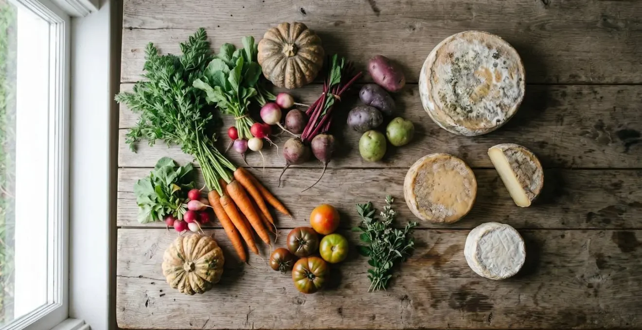 Composition de produits artisanaux du terroir montrant la diversité naturelle des formes et couleurs, opposée à l'uniformité industrielle