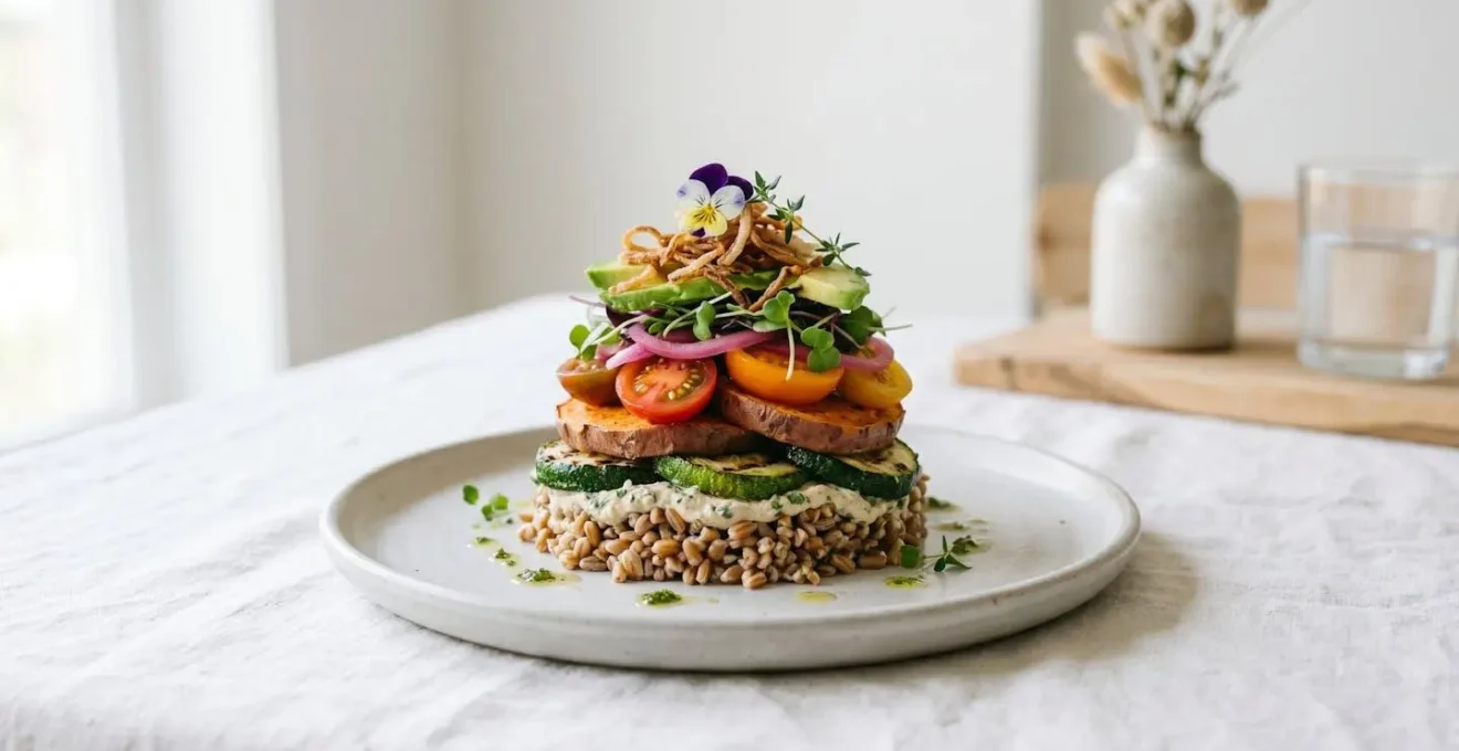 Plat végétal dressé avec architecture verticale et garnitures contrastées sur une assiette épurée