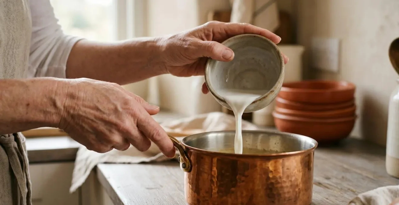 Moment de préparation d'une sauce au lait de coco montrant la technique d'incorporation délicate