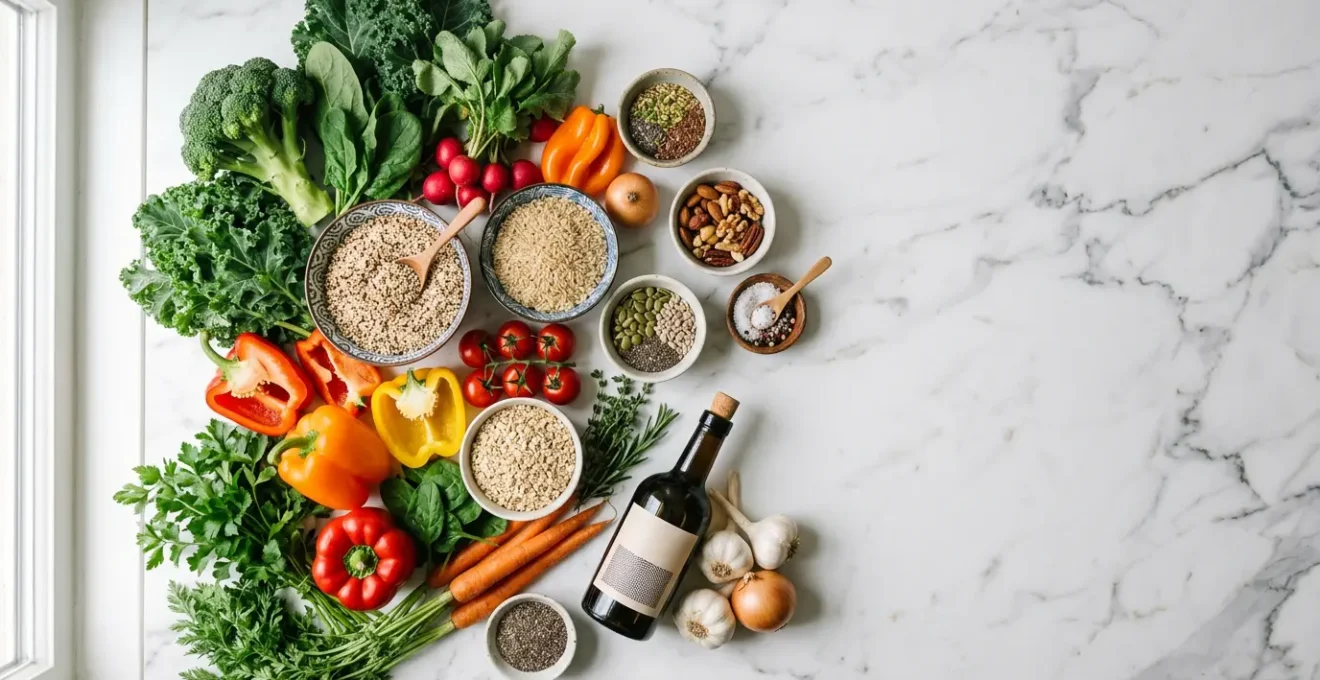 Composition culinaire symbolisant l'enrichissement nutritionnel avec ingrédients frais et colorés sur un plan de travail épuré