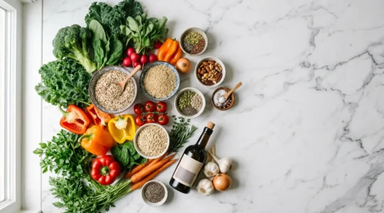 Composition culinaire symbolisant l'enrichissement nutritionnel avec ingrédients frais et colorés sur un plan de travail épuré