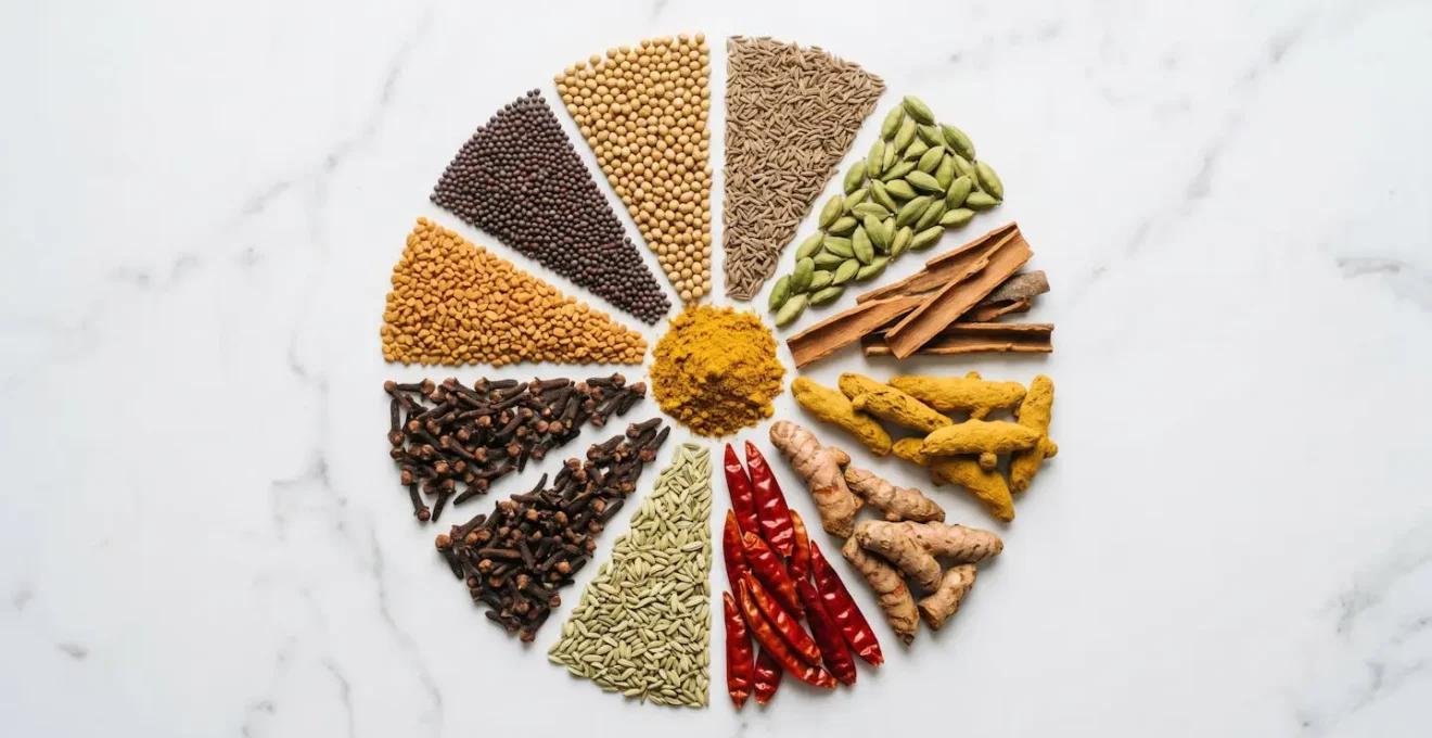 Composition symétrique d'épices entières et moulues pour créer un mélange de curry personnalisé
