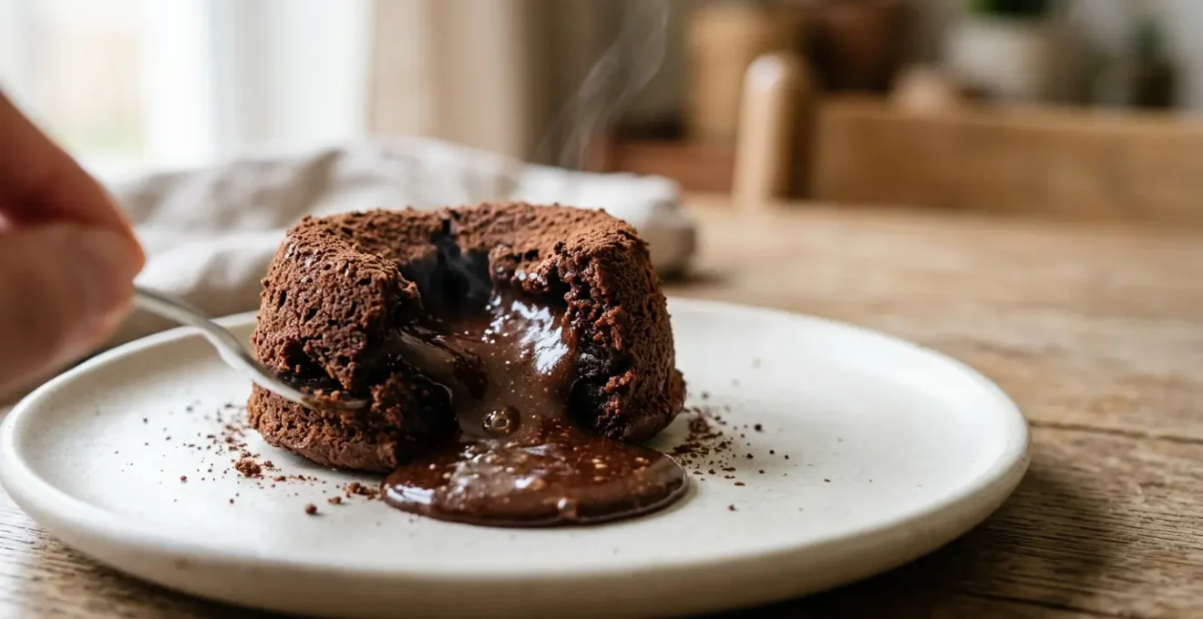 Fondant au chocolat avec cœur coulant qui s'écoule, pâtisserie raffinée