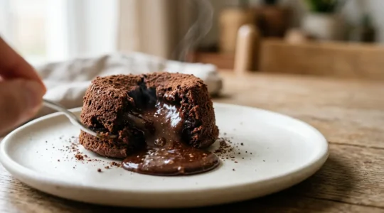 Fondant au chocolat avec cœur coulant qui s'écoule, pâtisserie raffinée