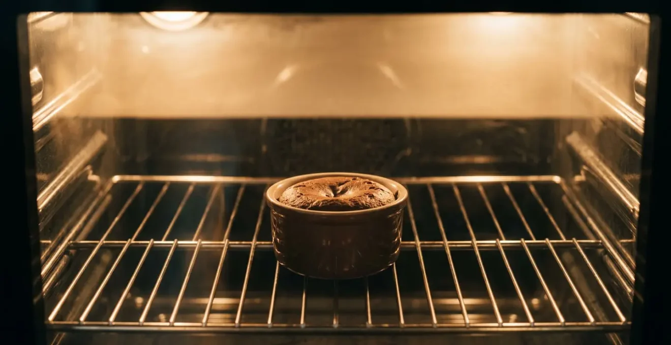 Fondant au chocolat en cours de cuisson dans un four, démonstration de la chaleur