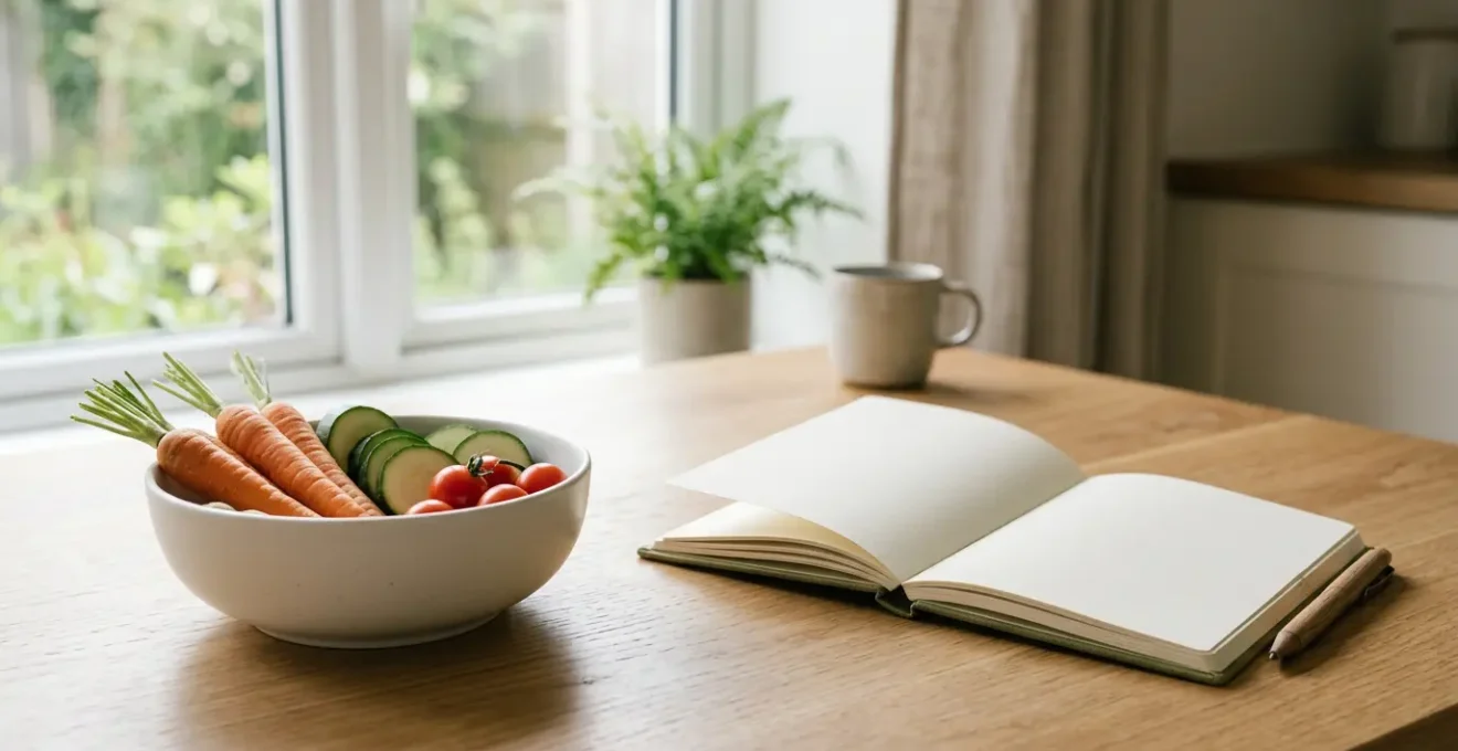 Table minimaliste avec légumes frais, carnet et stylo pour journal alimentaire, lumière naturelle douce