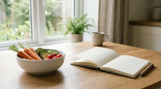 Table minimaliste avec légumes frais, carnet et stylo pour journal alimentaire, lumière naturelle douce