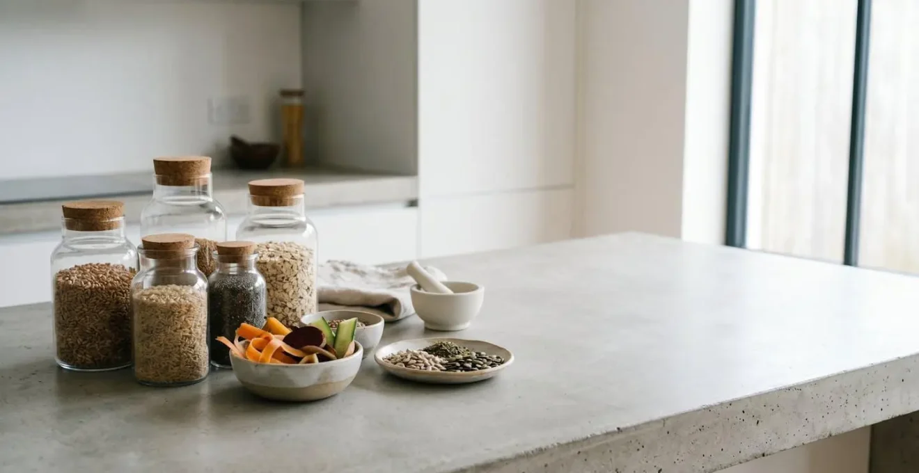 Composition minimaliste montrant des ingrédients riches en fibres dans un environnement de cuisine épurée