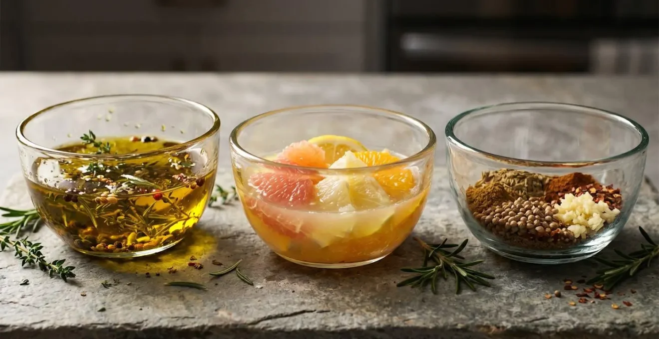 Composition minimaliste des ingrédients essentiels d'une marinade parfaite avec huiles et aromates