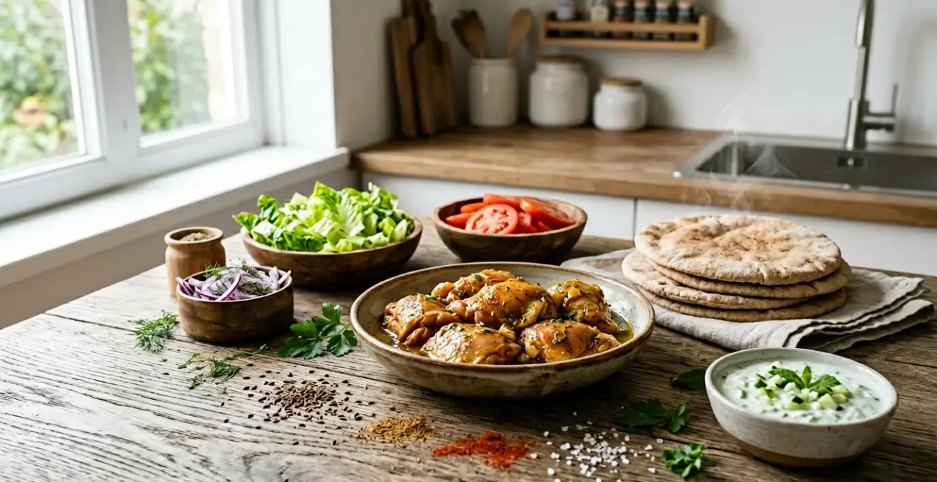Préparation d'un kebab maison avec viande marinée, pain pita frais et légumes croquants