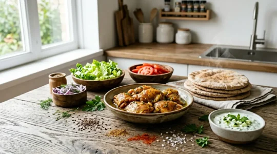 Préparation d'un kebab maison avec viande marinée, pain pita frais et légumes croquants