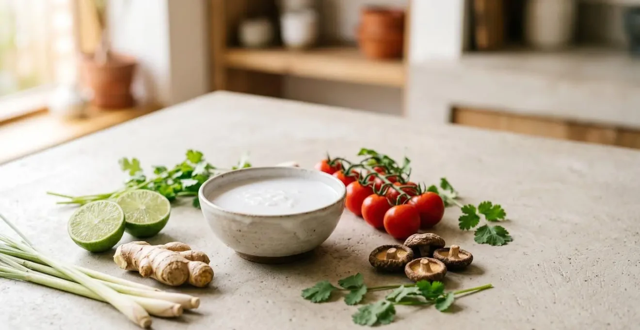 Composition culinaire minimaliste montrant une boîte de lait de coco entourée d'ingrédients frais complémentaires disposés harmonieusement