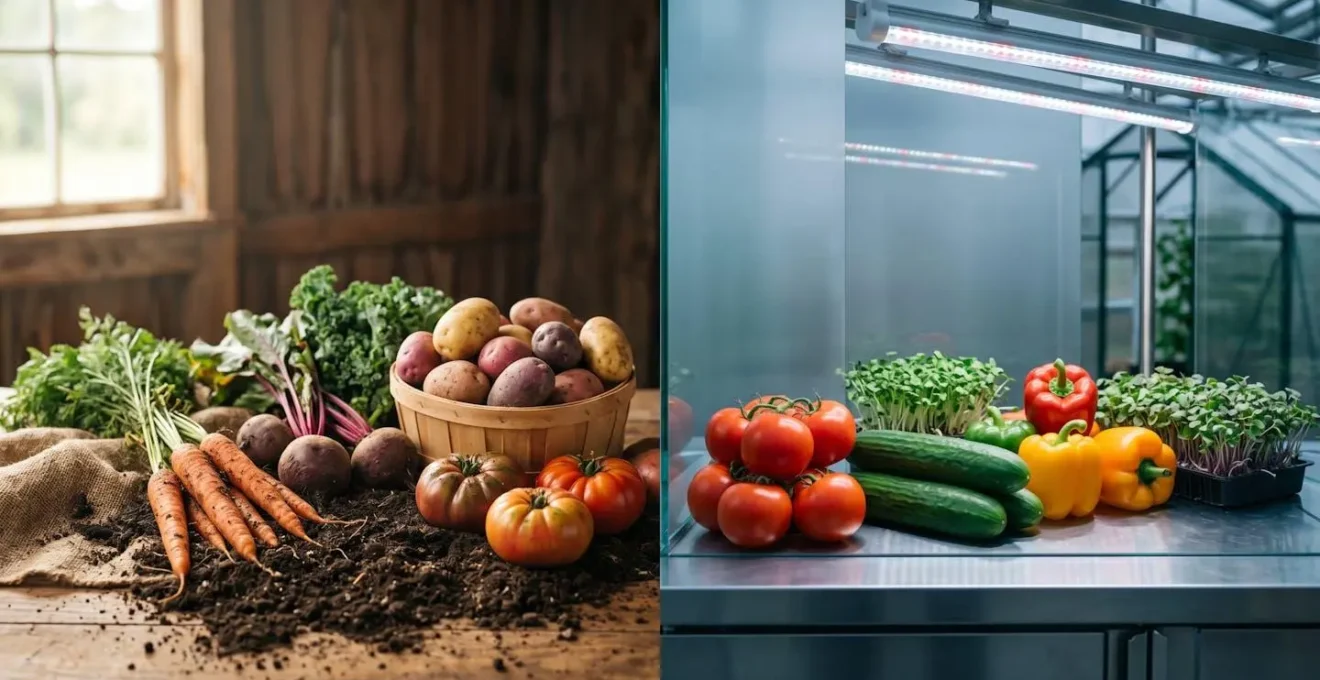 Comparaison visuelle entre un produit local de saison et un produit importé sous serre, illustrant les différents impacts environnementaux