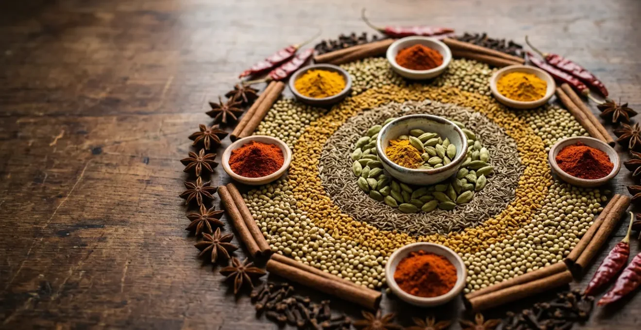 Composition artisanale d'épices variées pour créer un mélange de curry personnalisé, disposées en cercle sur une surface naturelle