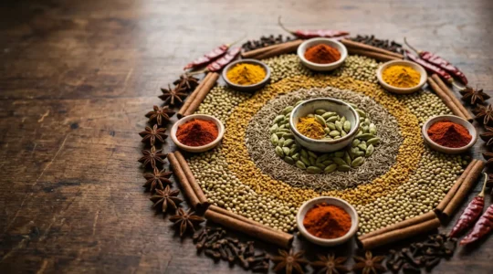 Composition artisanale d'épices variées pour créer un mélange de curry personnalisé, disposées en cercle sur une surface naturelle