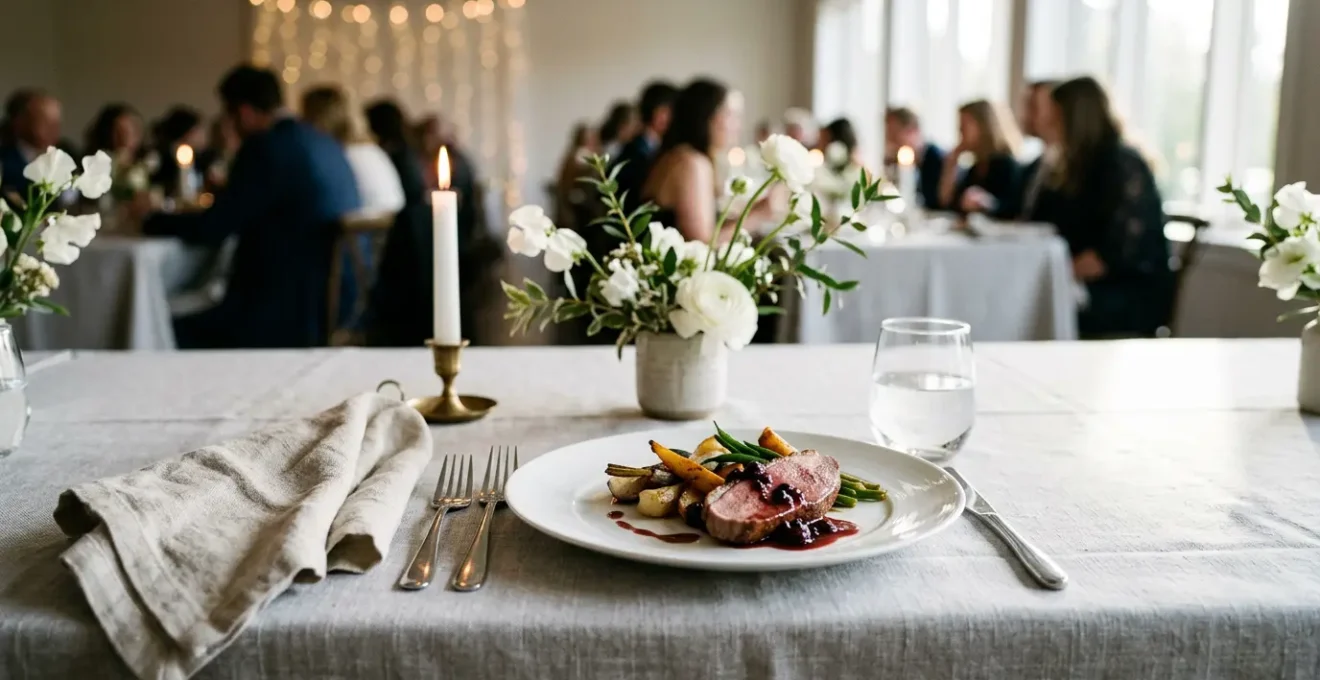 Table de mariage élégante avec assiettes dressées et décoration florale minimaliste sur fond lumineux