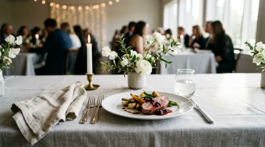 Table de mariage élégante avec assiettes dressées et décoration florale minimaliste sur fond lumineux