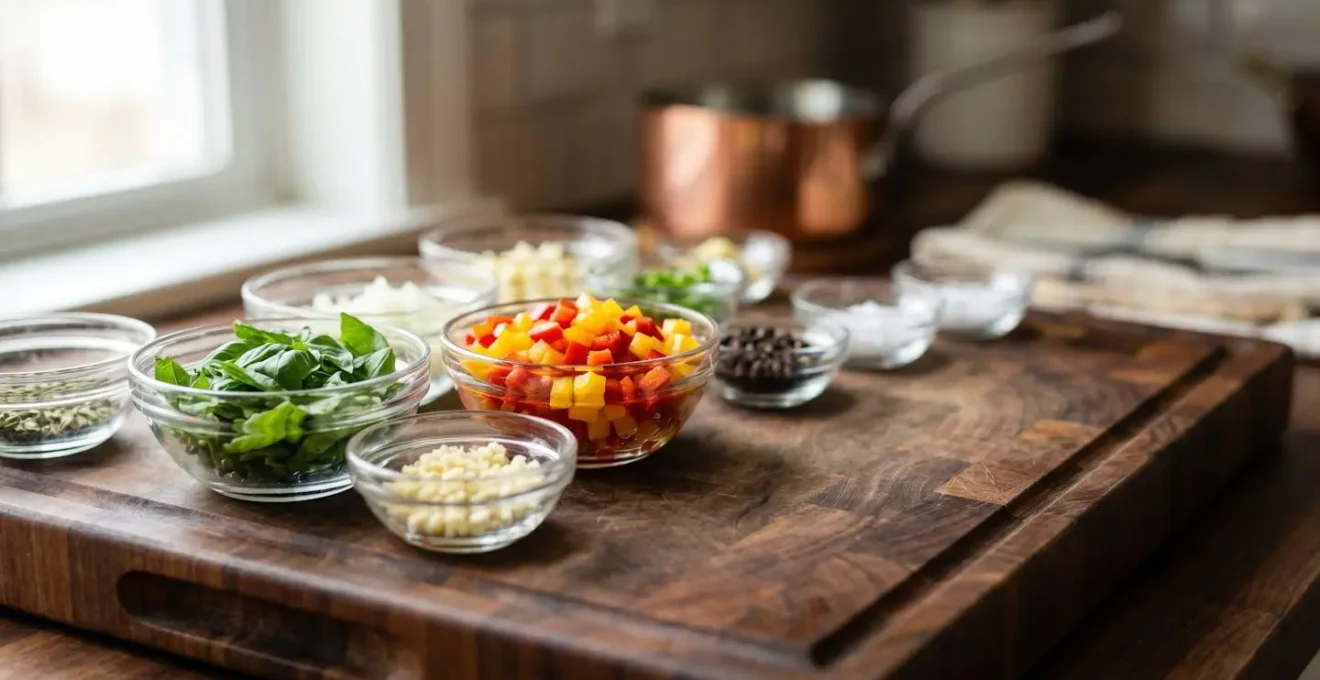 Station de travail cuisine organisée avec ingrédients préparés dans contenants en verre