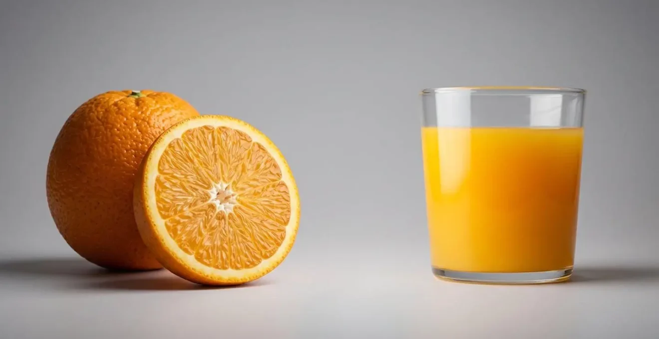 Contraste visuel entre une orange entière avec sa pulpe fibreuse et un verre de jus d'orange illustrant la perte de la matrice alimentaire