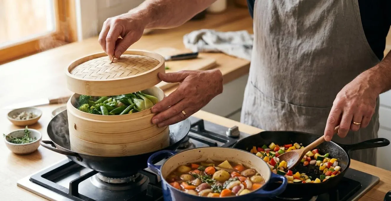 Vue aérienne d'une cuisine avec différents ustensiles de cuisson organisés, représentant la chronologie de cuisson pour préserver les nutriments