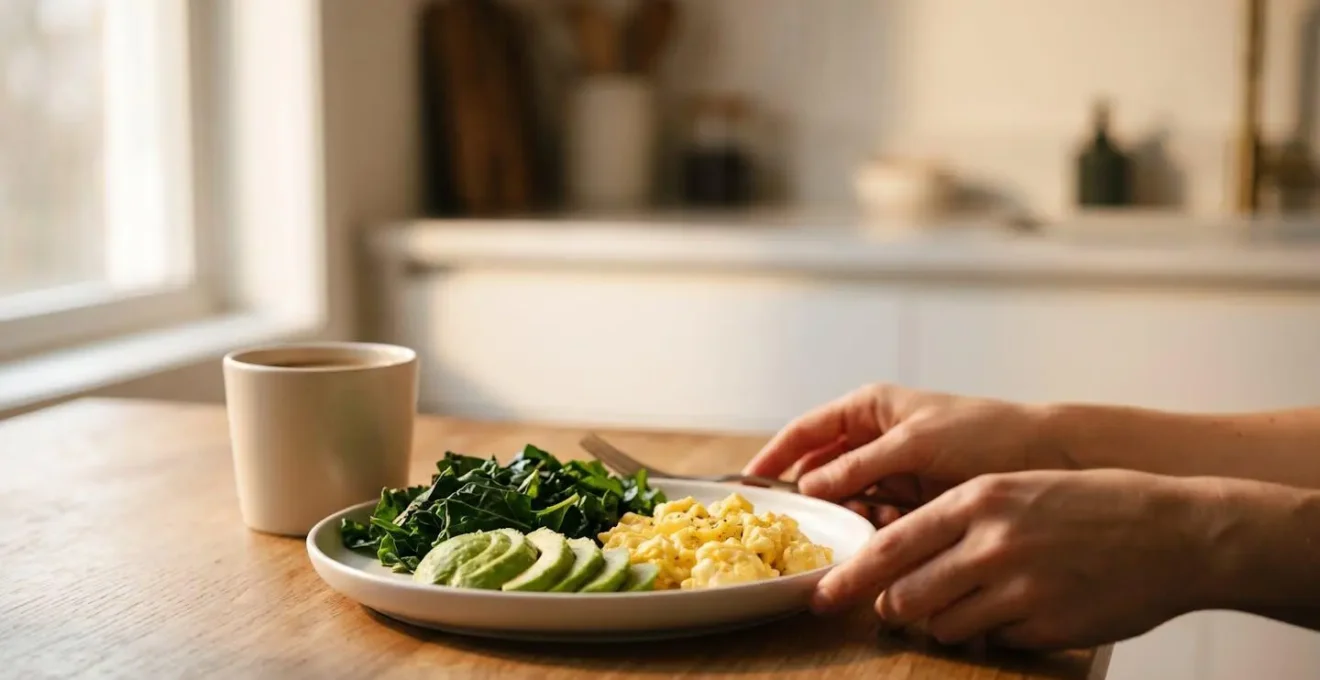 Petit-déjeuner équilibré avec des œufs, avocat et légumes verts disposés sur une table lumineuse