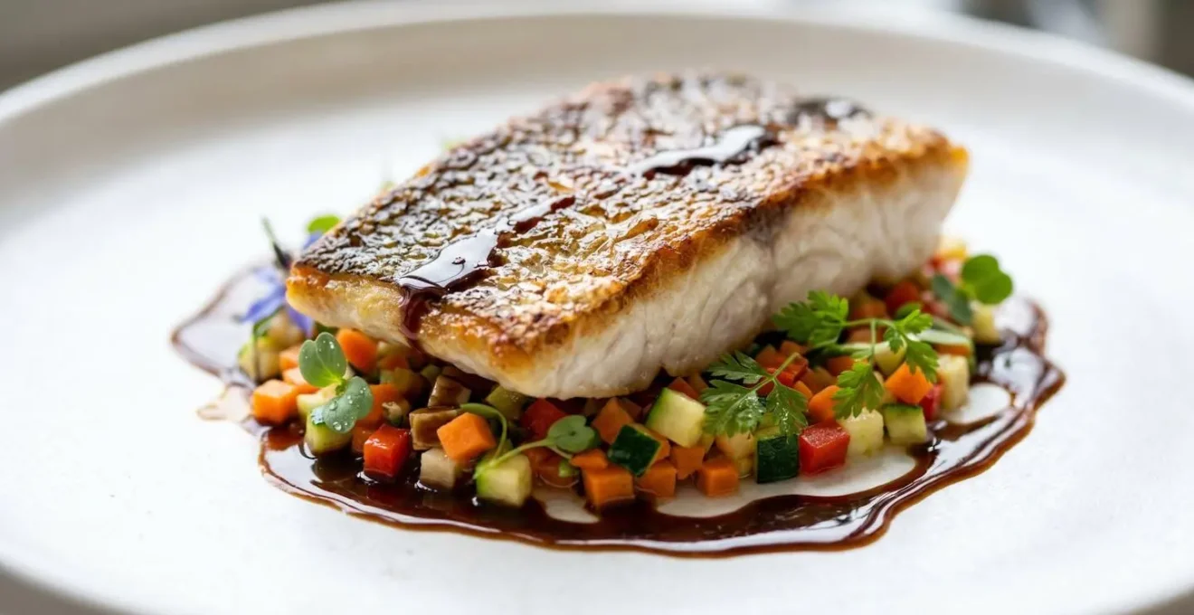 Assiette gastronomique avec contraste de textures croustillantes et fondantes sur fond épuré