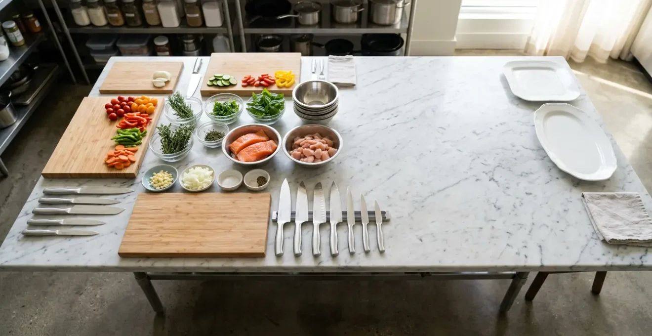 Préparation organisée d'un repas de fête pour un grand groupe avec mise en place professionnelle