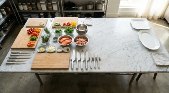 Préparation organisée d'un repas de fête pour un grand groupe avec mise en place professionnelle