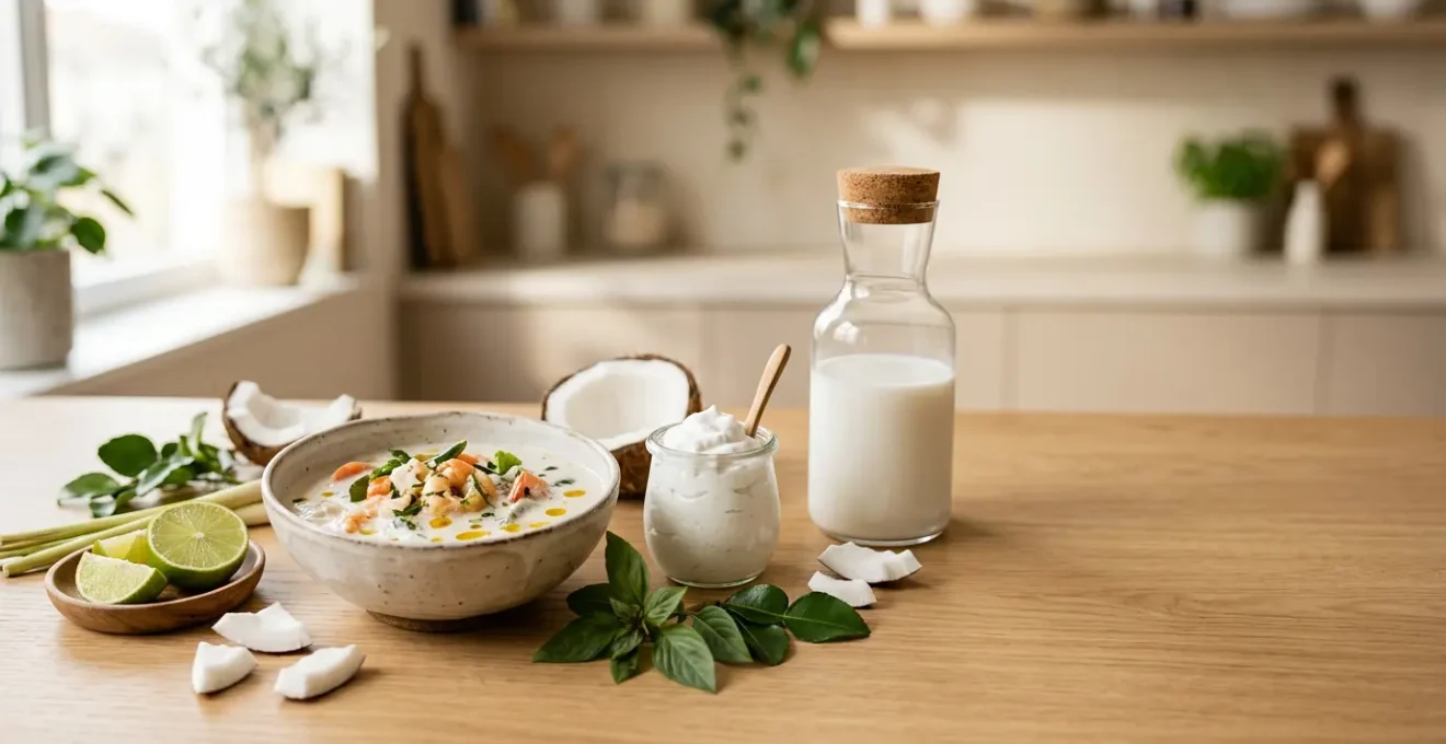 Préparations culinaires variées mettant en valeur le lait de coco de l'apéritif au dessert