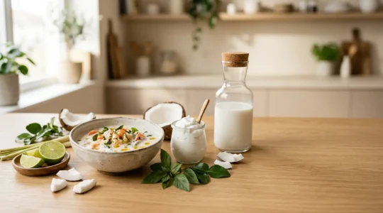 Préparations culinaires variées mettant en valeur le lait de coco de l'apéritif au dessert