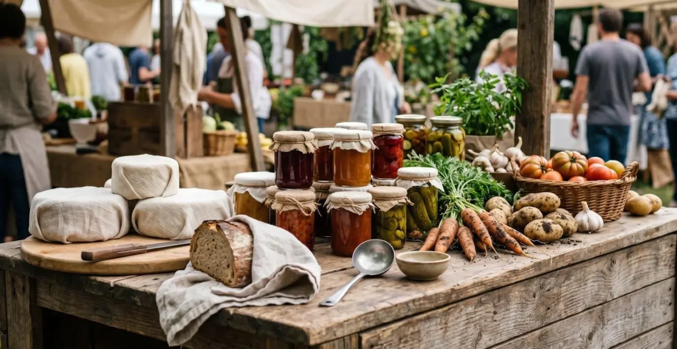 Étalage de produits du terroir artisanaux sur un marché local avec légumes et bocaux de conserves