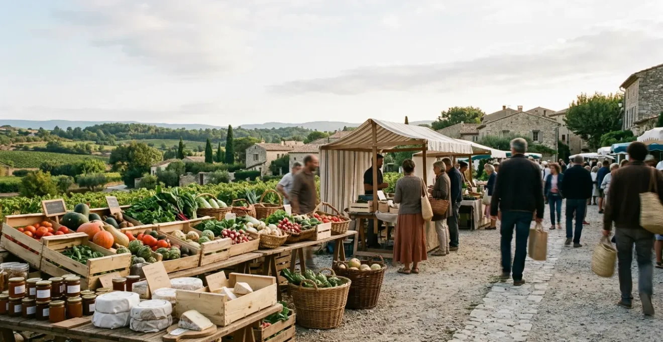 Scène de marché avec producteurs locaux présentant produits du terroir authentiques