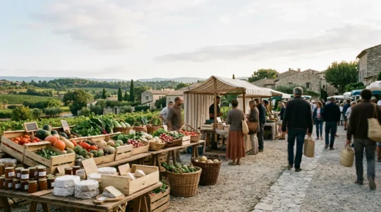 Scène de marché avec producteurs locaux présentant produits du terroir authentiques
