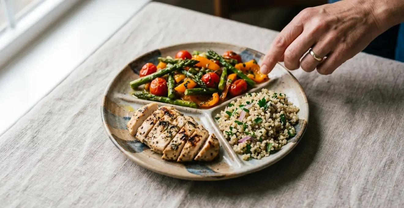 Vue aérienne d'une assiette équilibrée avec portions visuelles de légumes, protéines et féculents sur fond neutre