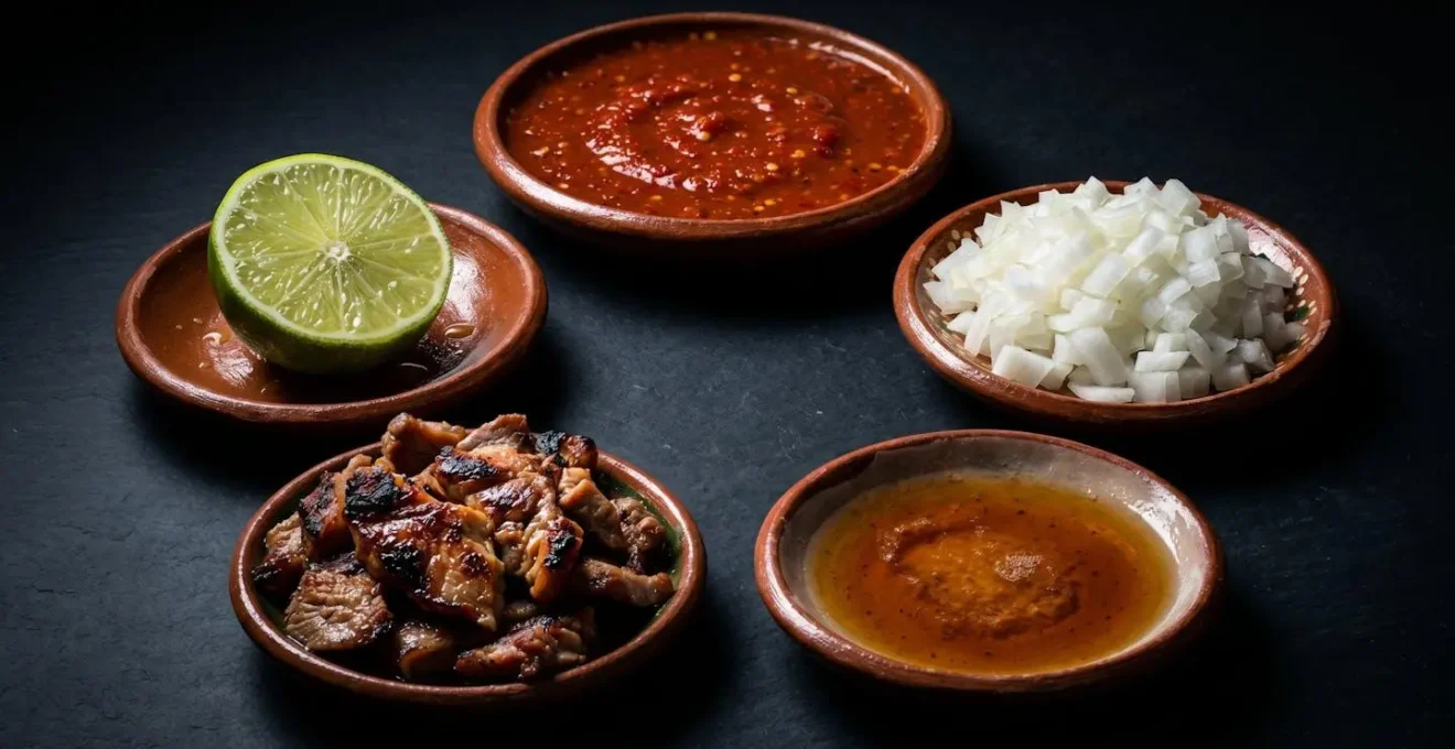 Composition symbolique montrant les éléments d'un taco authentique disposés en cercle avec éclairage dramatique