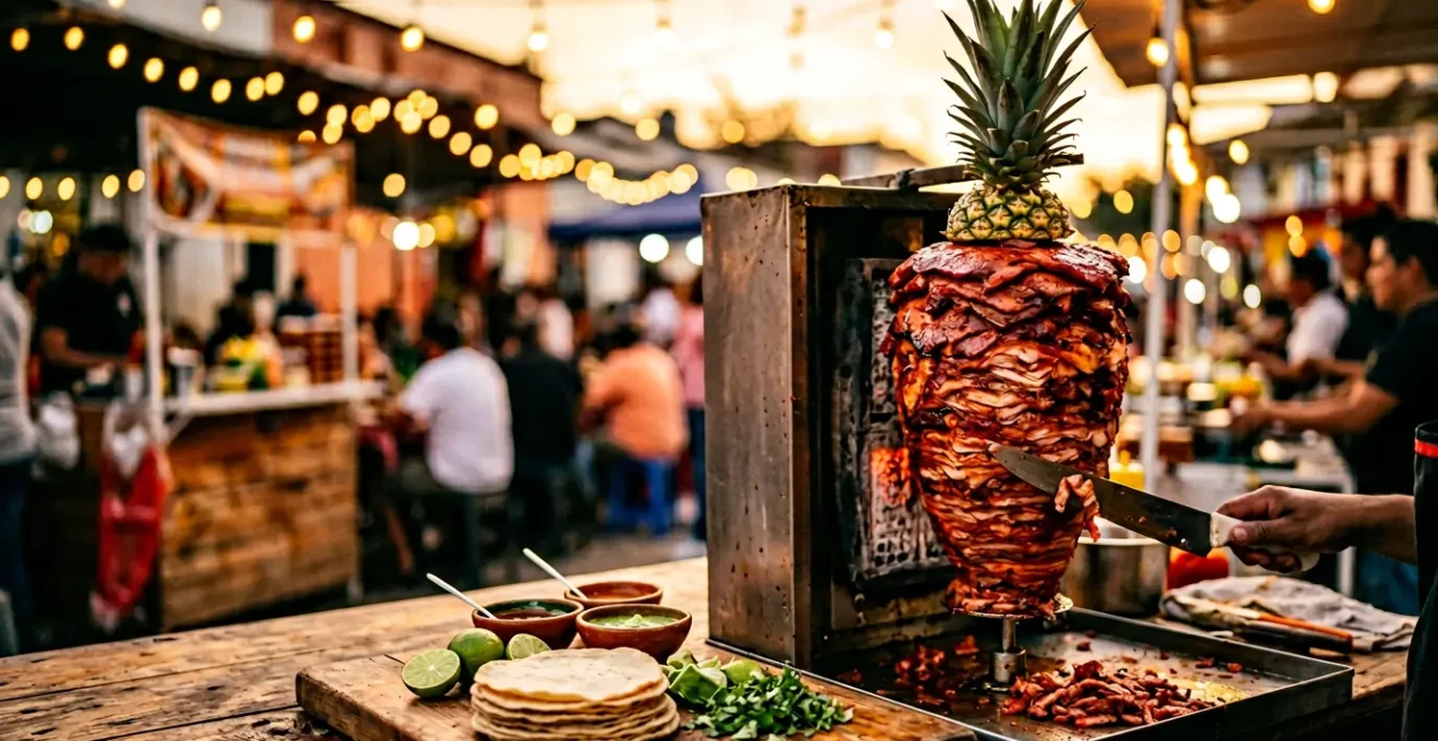 Trompo de tacos al pastor avec viande marinée rouge et ananas au sommet, sur fond de stand de rue mexicain
